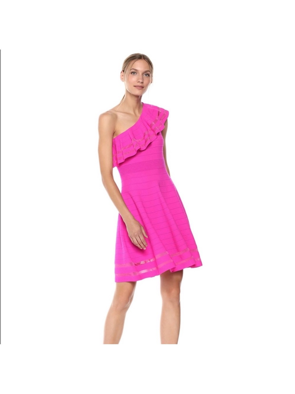 Ted Baker One-Shoulder Ruffle Fit-and-Flare Dress in Fuchsia